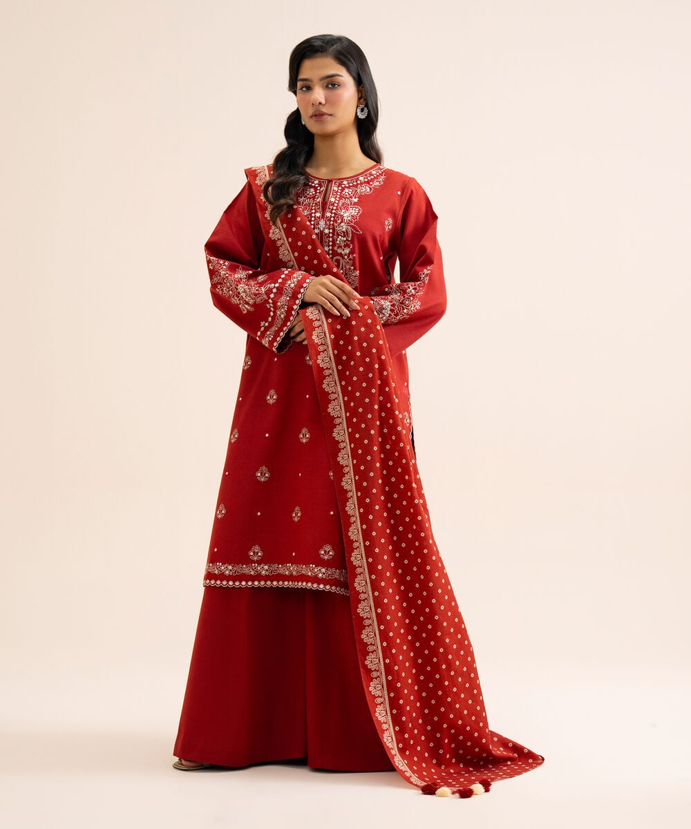 Women's Unstitched Light Khaddar Embroidered Red 3 Piece Suit