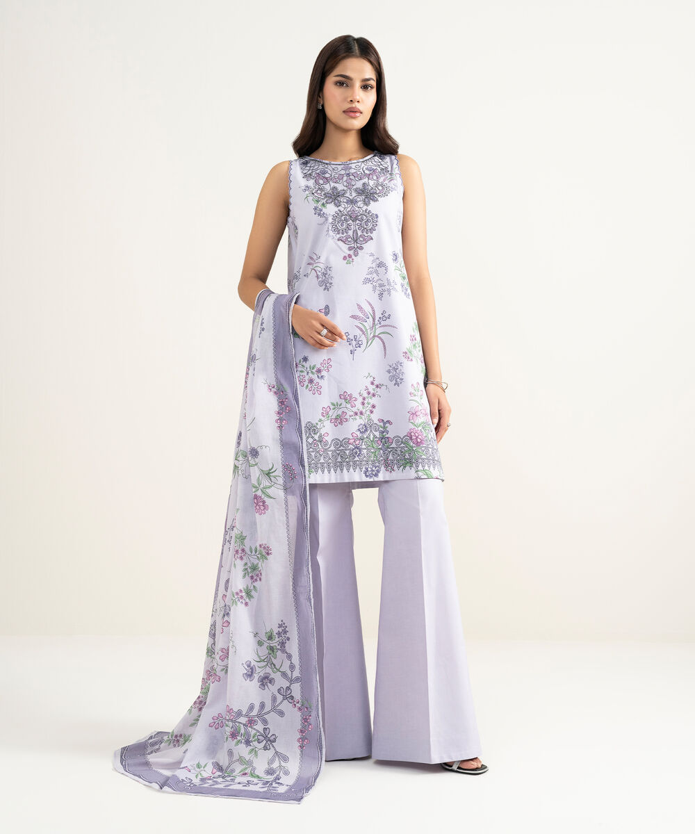 Women's Unstitched Lawn Embroidered Lilac 3 Piece Suit