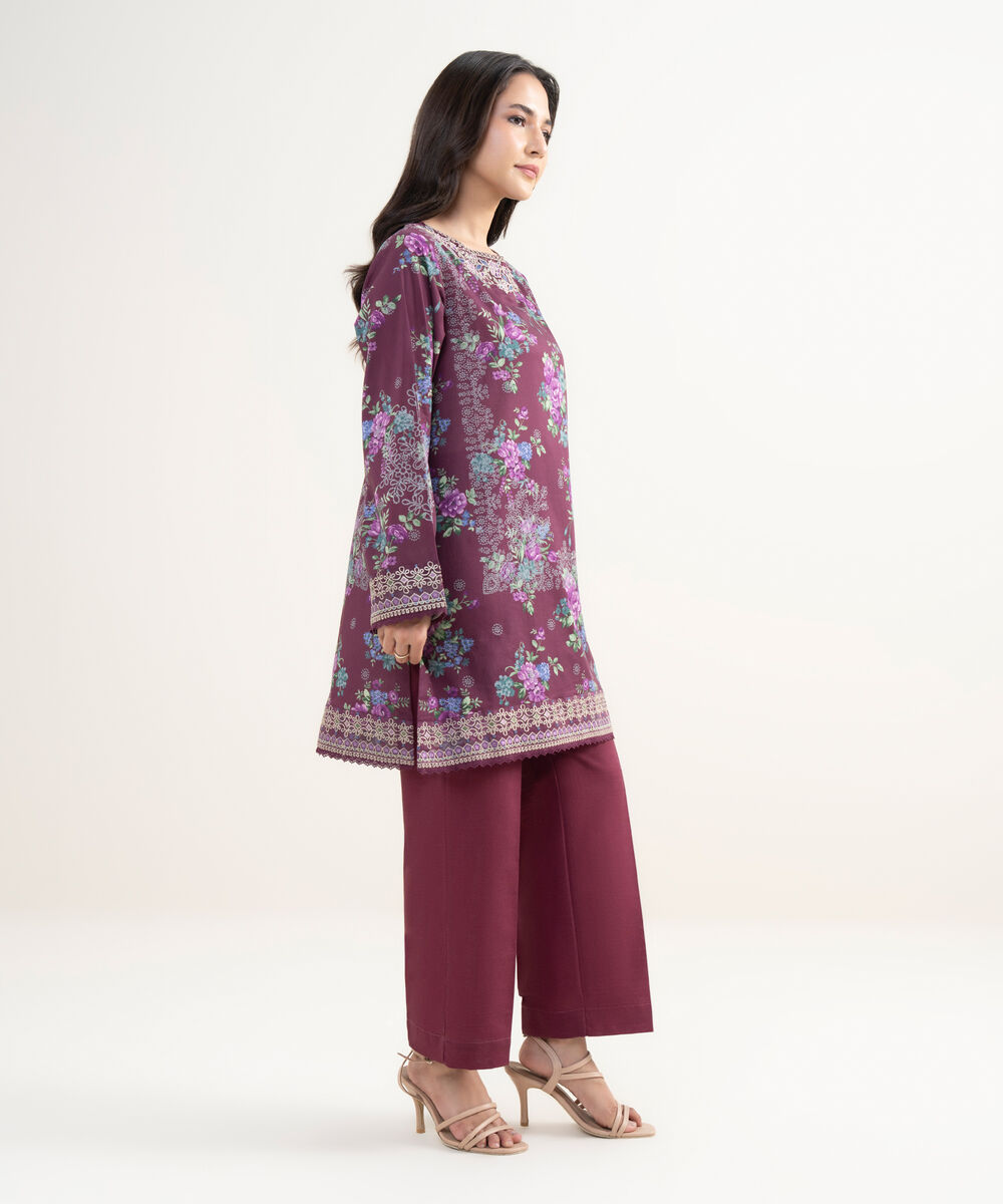 Women's RTW Lawn Embroidered Purple Straight Shirt