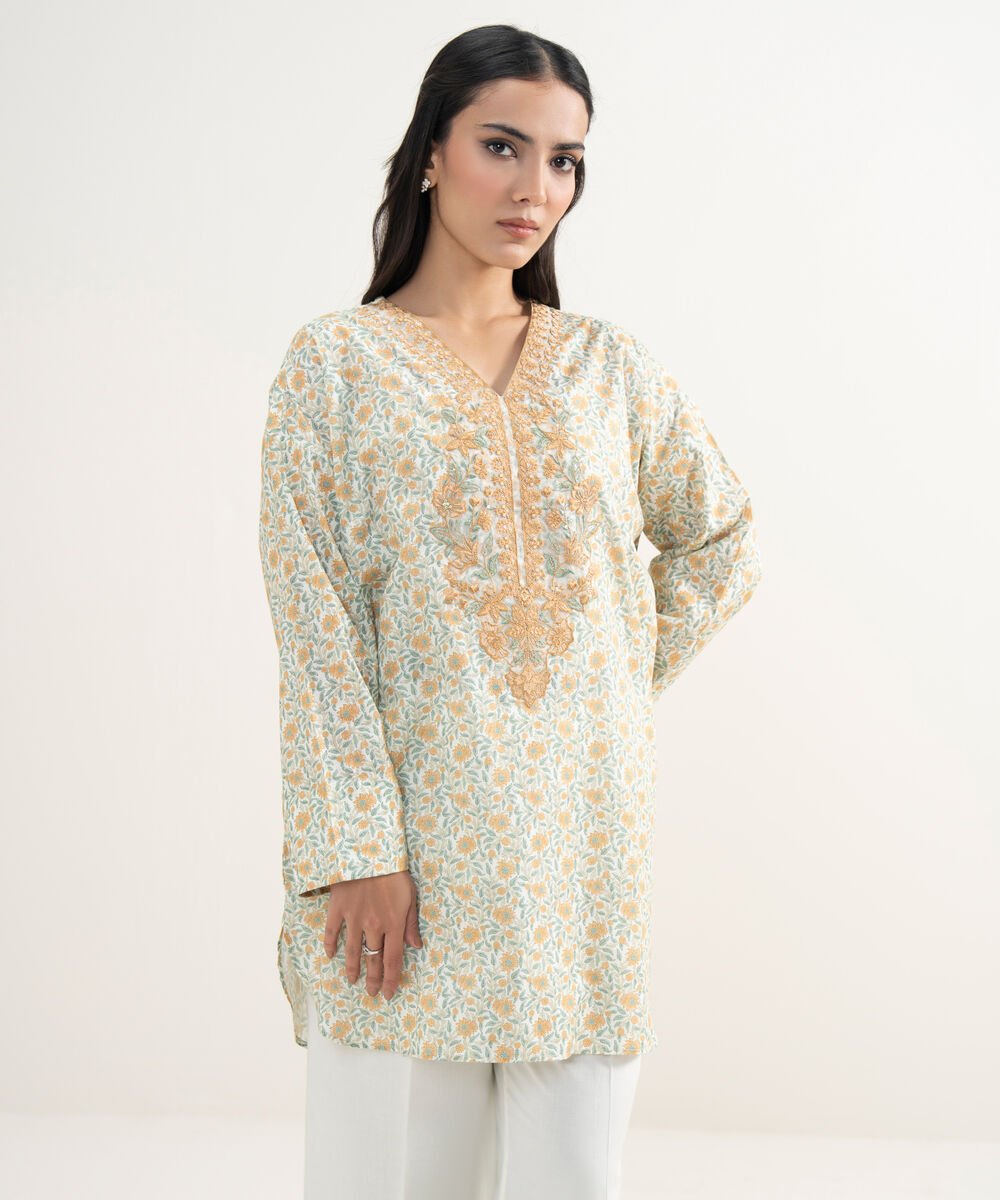 Women's RTW Slub Lawn Embroidered Mint Green Drop Shoulder Shirt