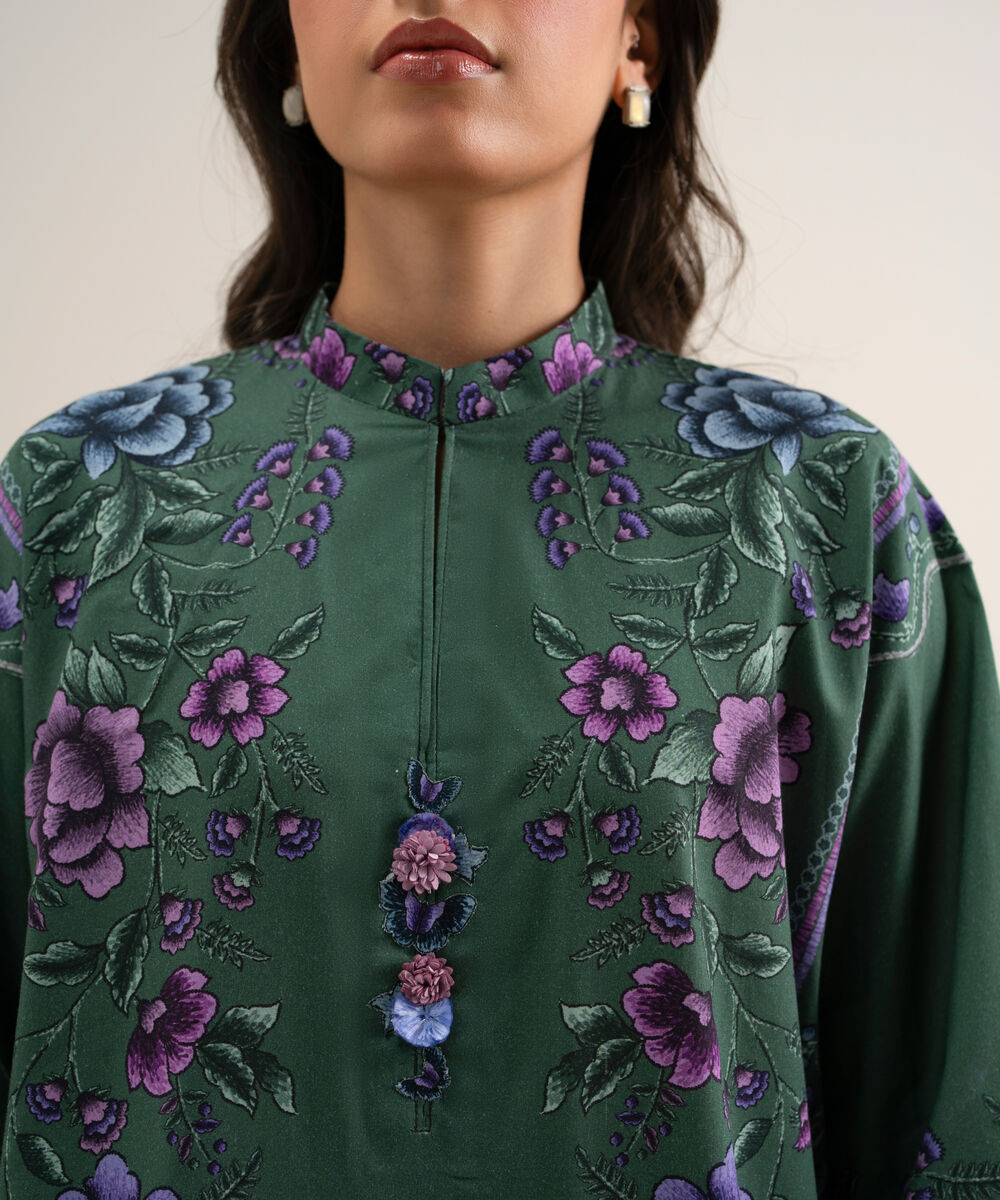 Women's Unstitched Printed Cotton Viscose Green 3 Piece Suit