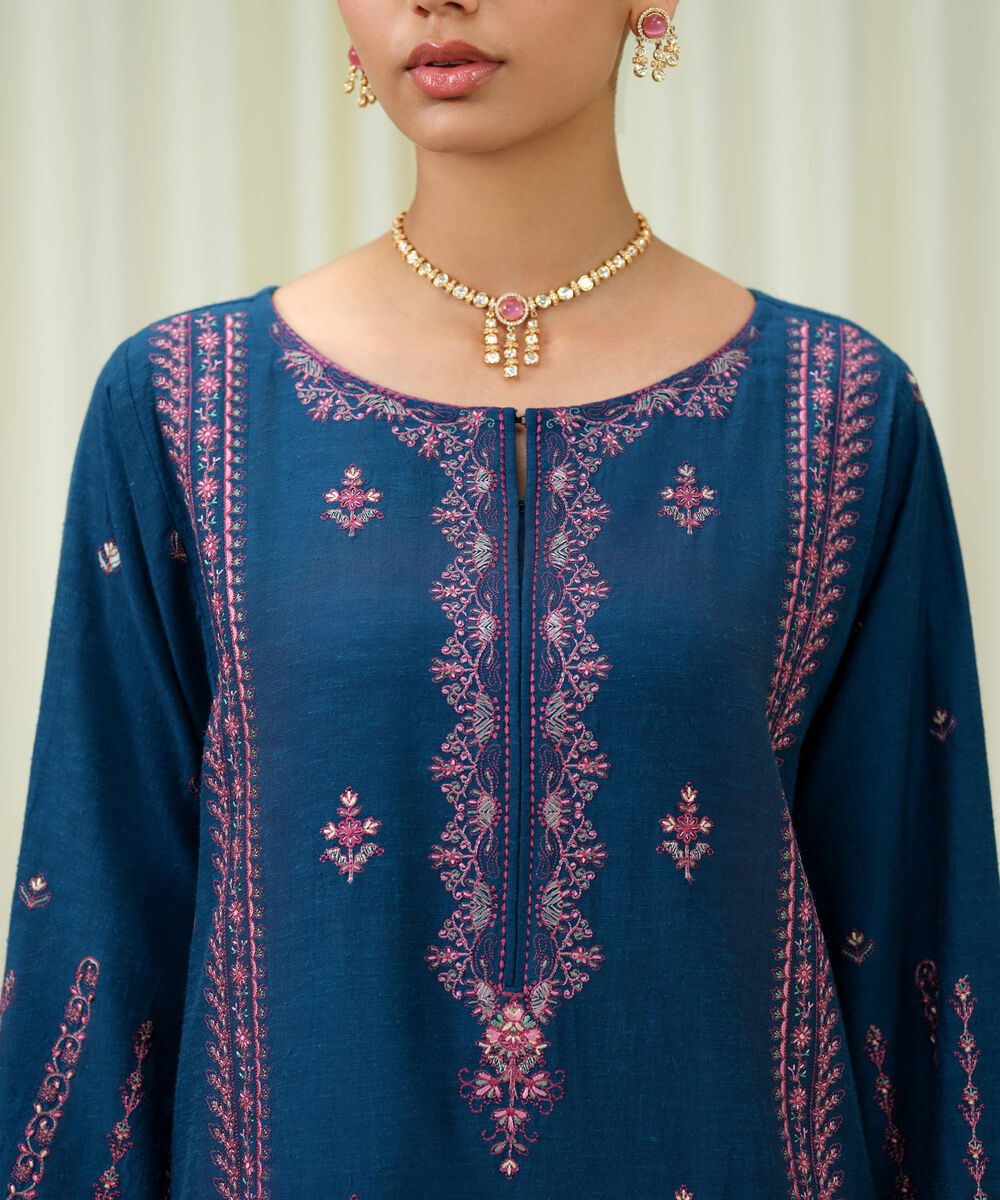 Women's Unstitched Viscose Karandi Embroidered Blue 3 Piece Suit