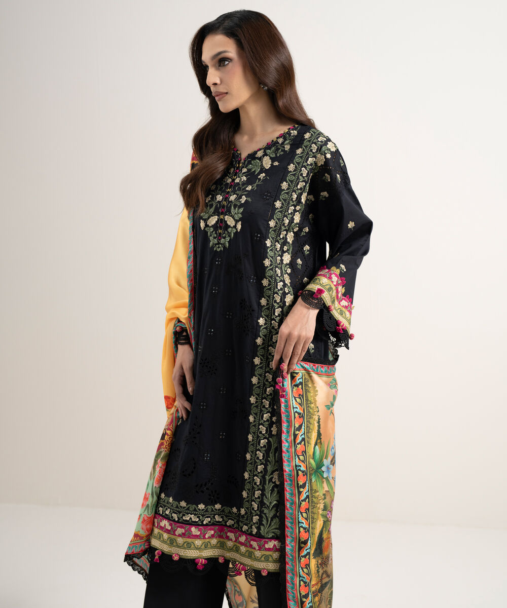Women's Unstitched Lawn Embroidered Black 3 Piece Suit
