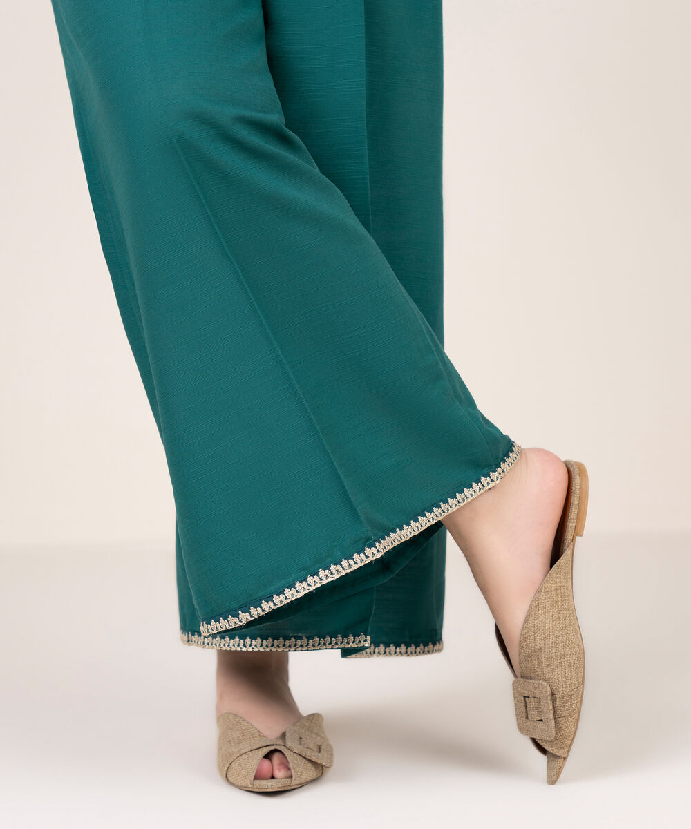 Women's RTW Cotton Embroidered Teal Flared Pants