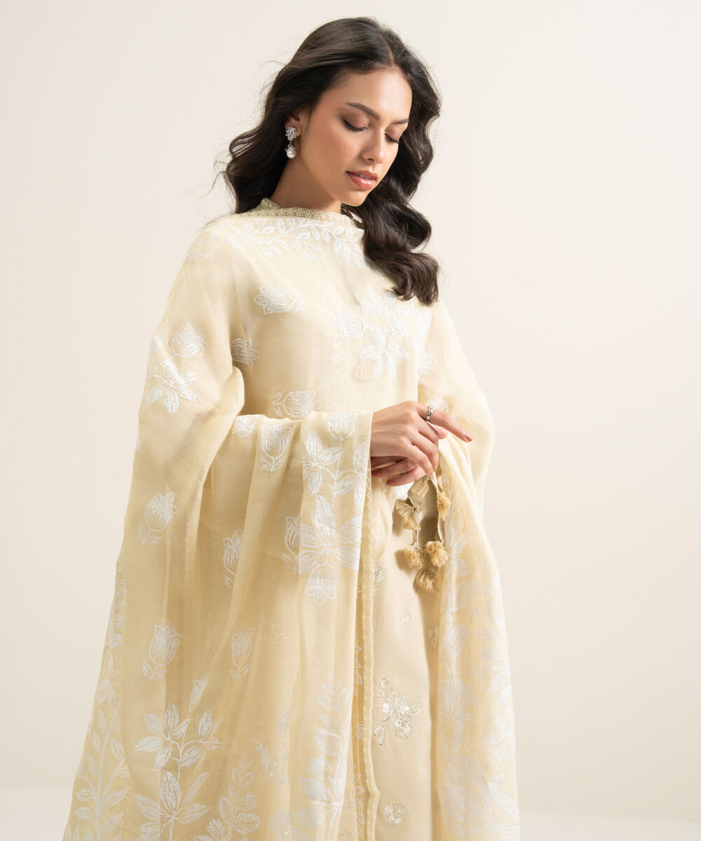 Women's Unstitched Lawn Embroidered Off White