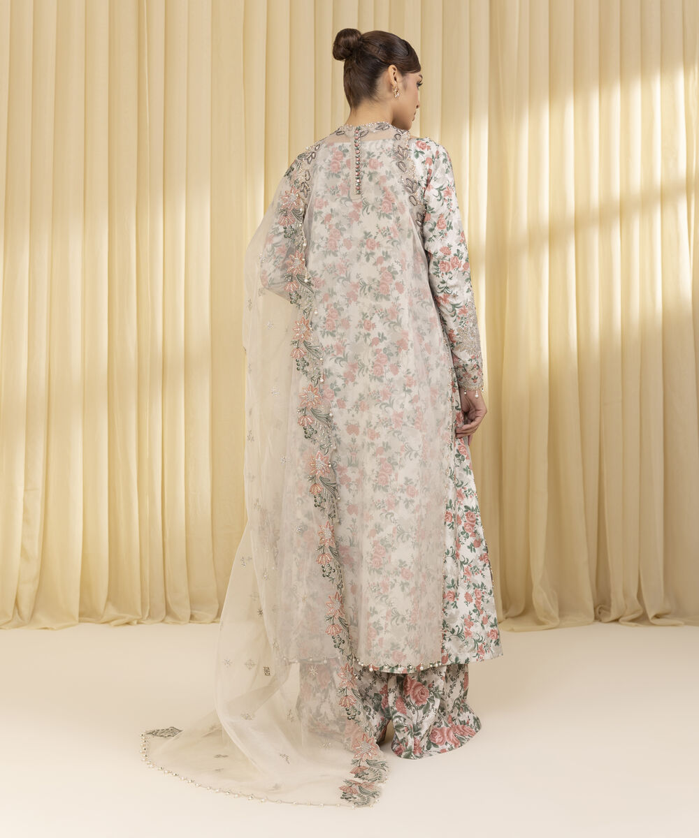 Unstitched Women's Off White Blended Organza 3 Piece Suit