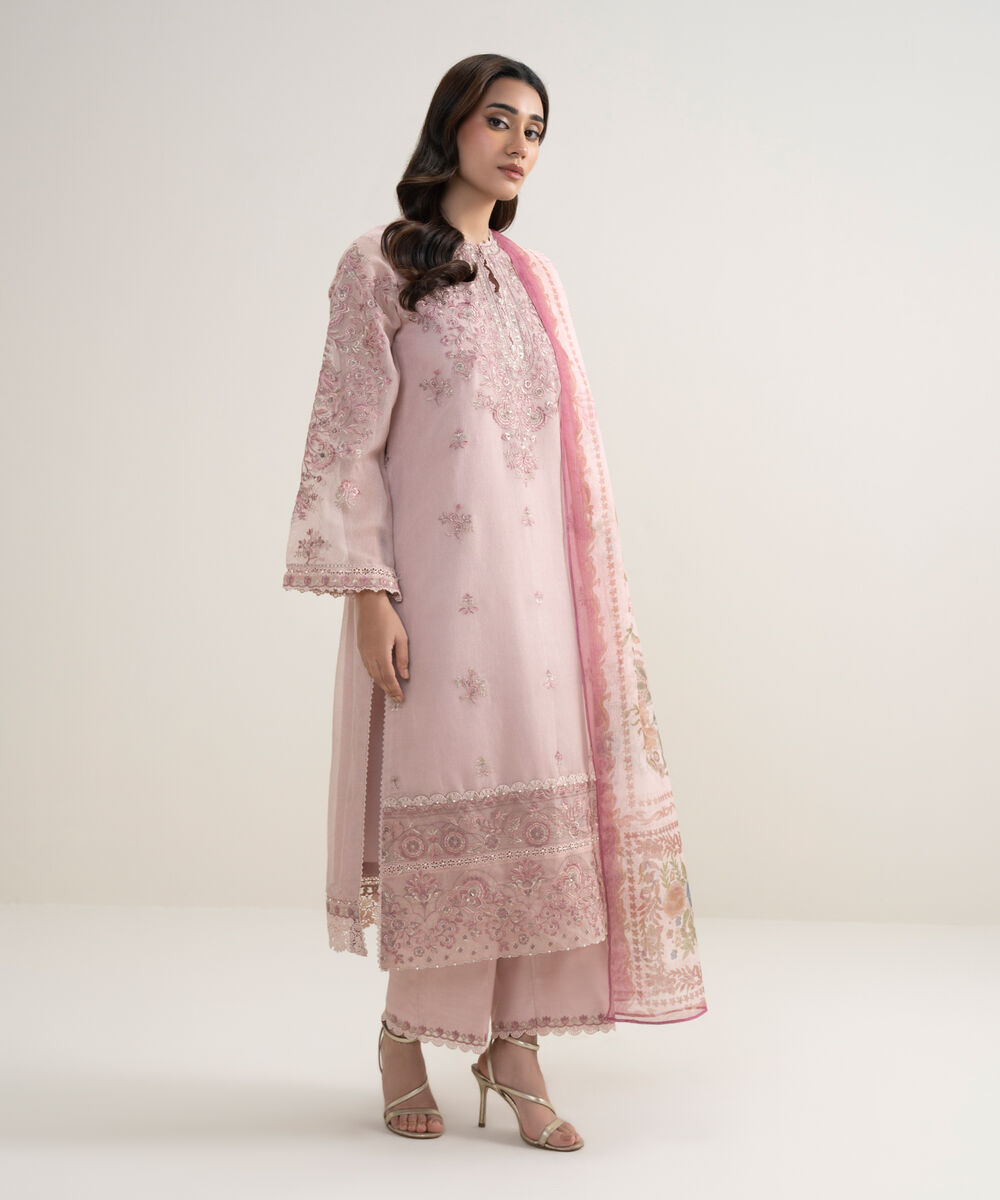 Women's Unstitched Blended Viscose Khaddi Net Embroidered Pink 3 Piece Suit