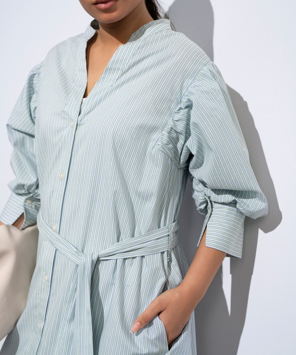 Women's Multi Striped Poplin Dress With Puffed Sleeves