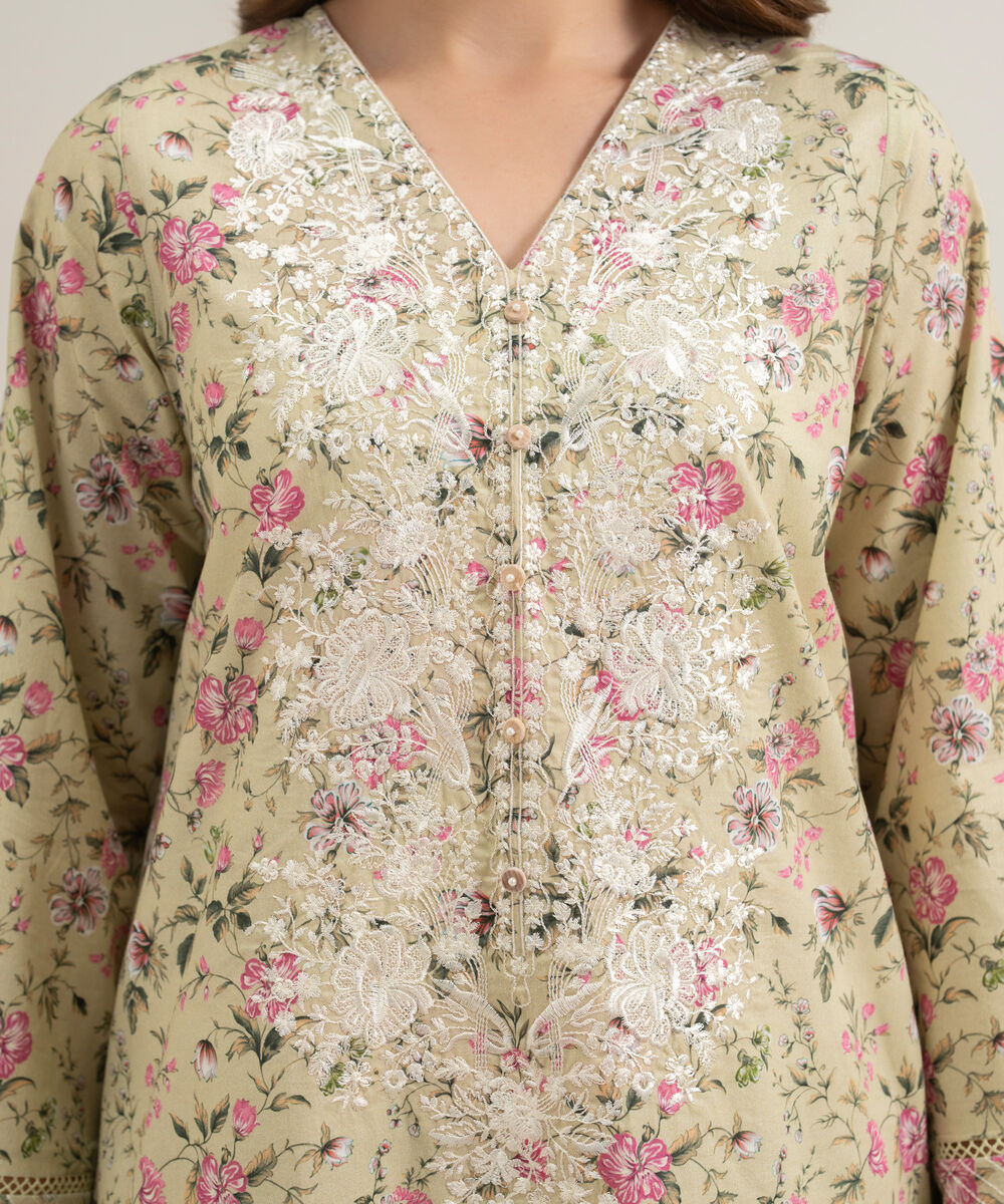 Women's RTW Lawn Embroidered Sand Green A-Line Shirt