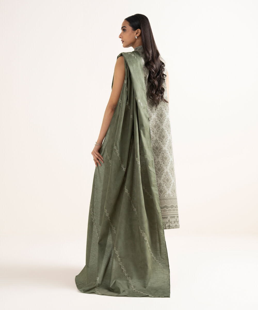 Women's Unstitched Cross Hatch Embroidered Beige 3 Piece Suit