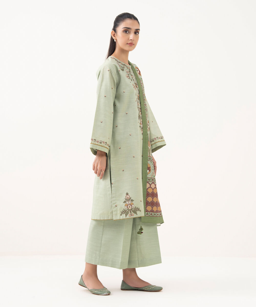 Women's Unstitched Cotton Embroidered Green 3 Piece Suit