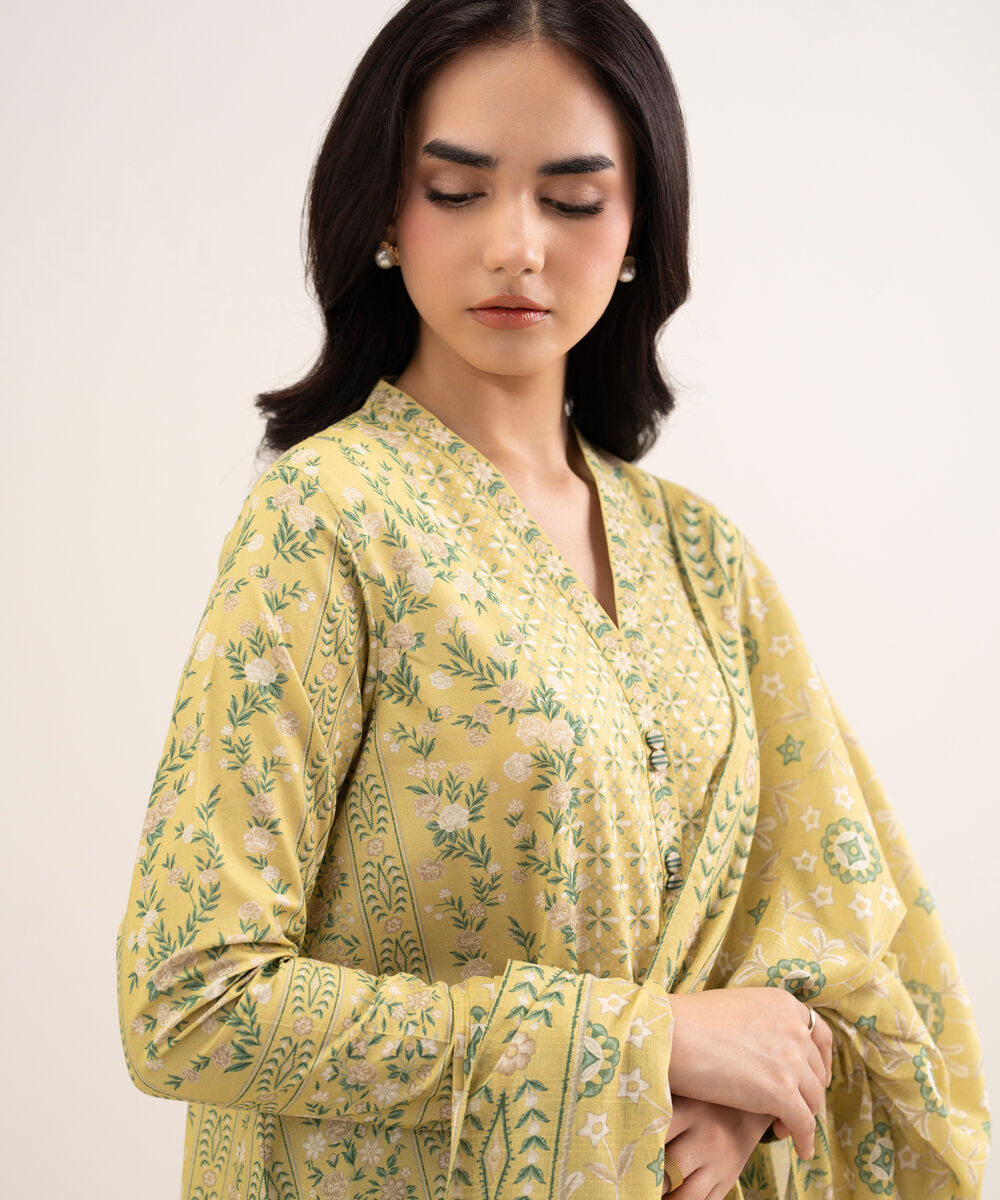 Women's Unstitched Lawn Printed Yellow 3 Piece Suit