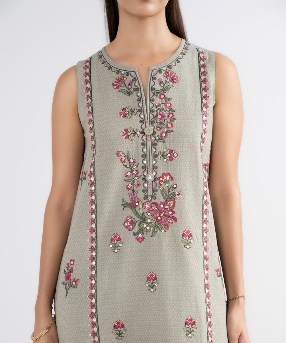 Women's Unstitched Dobby Embroidered Beige 3 Piece Suit