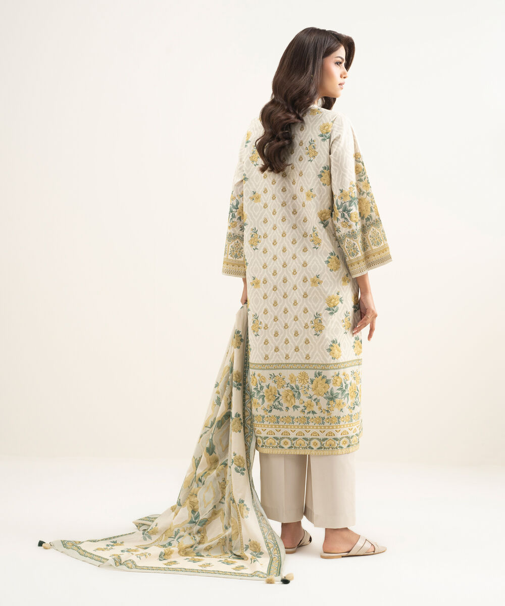 Women's Unstitched Lawn Printed Beige 3 Piece Suit