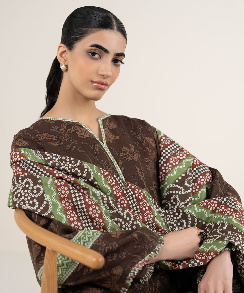 Women's Unstitched Printed Khaddar Brown 3 Piece Suit