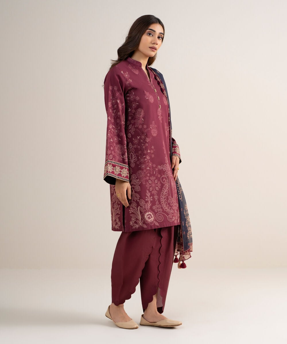 Women's Unstitched Lawn Printed Red 3 Piece Suit