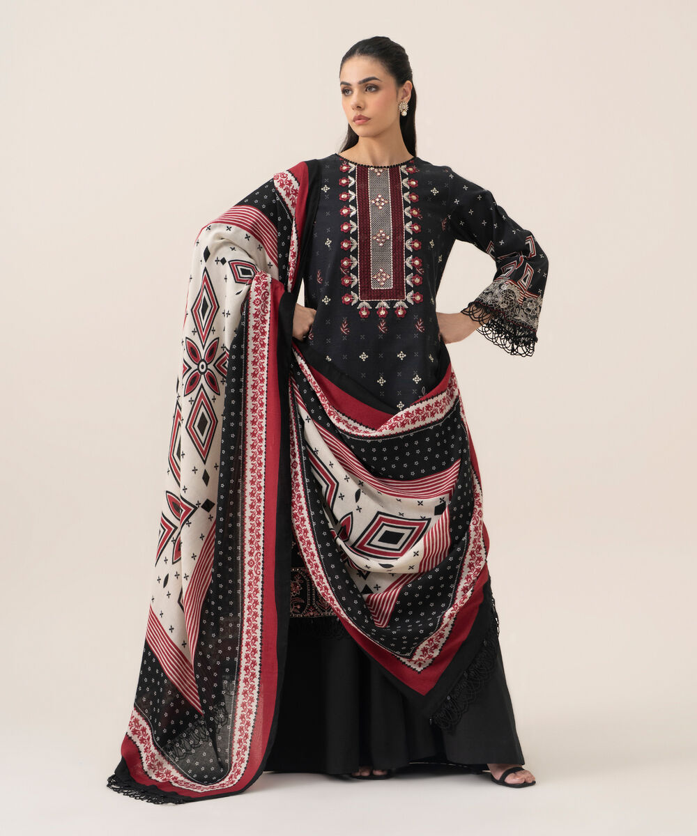 Women's Unstitched Cotton Printed Black 3 Piece Suit