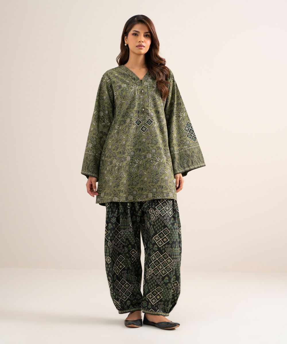 Women's Unstitched Cotton Printed Green 2 Piece Suit