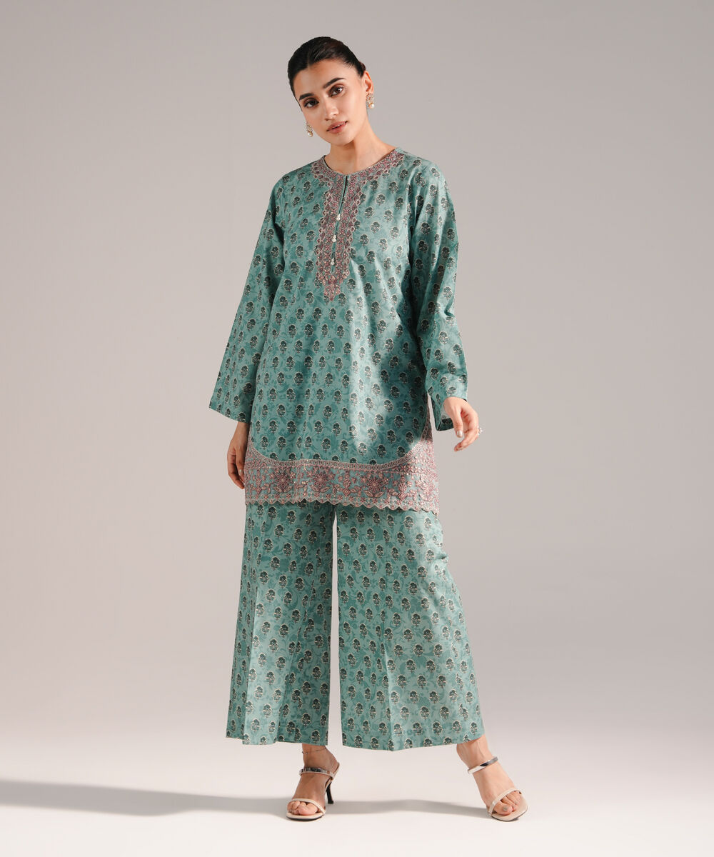 Women's RTW Slub Lawn Embroidered Blue Straight Shirt