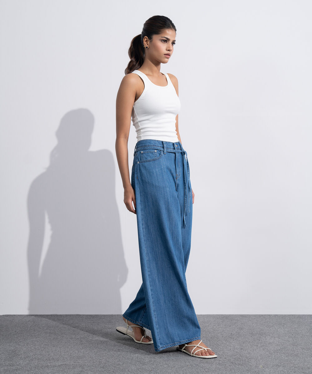Women's Western Mid Blue Wash Baggy Loose Jeans