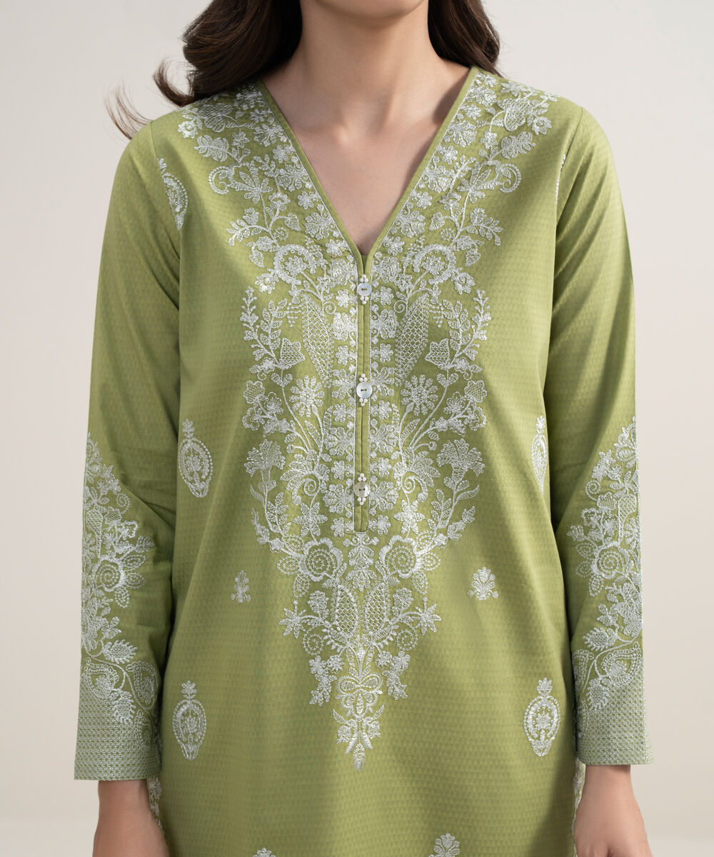 Women's Unstitched Dobby Embroidered Green 3 Piece Suit