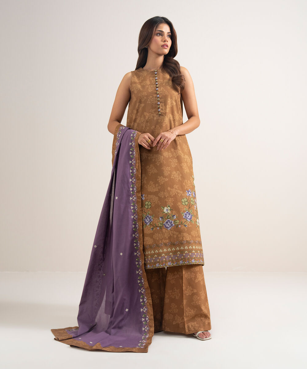 Women's Unstitched Cotton Embroidered Brown