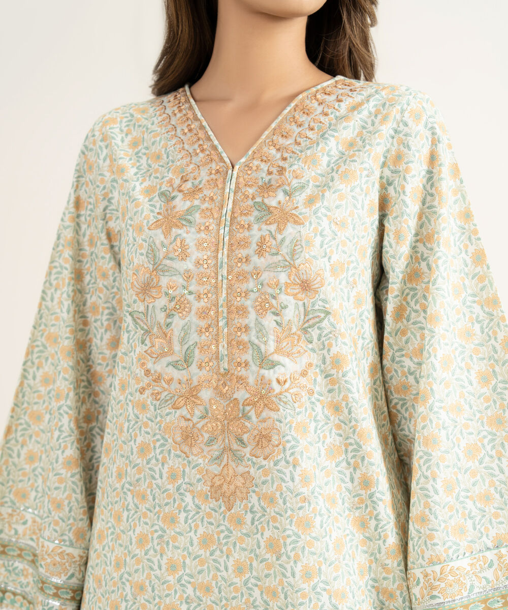 Women's Unstitched Lawn Embroidered Off White 3 Piece Suit