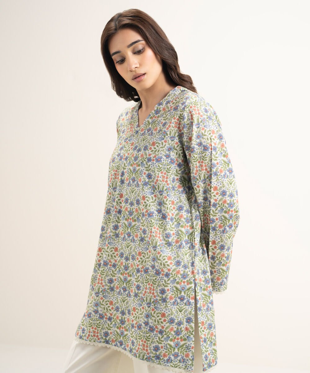 Women's RTW Cotton Viscose Printed Moss Green Straight Shirt