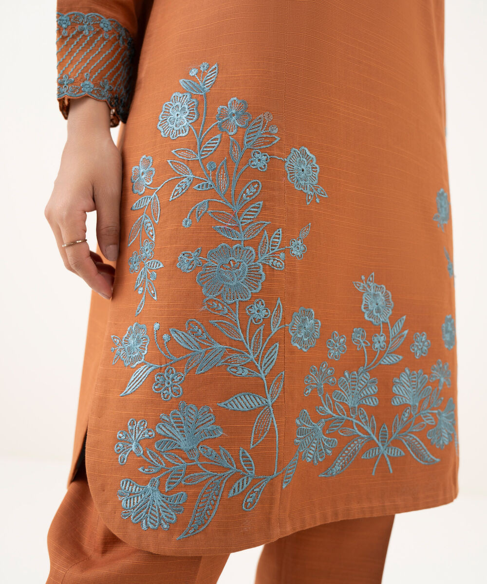 Women's Unstitched Light Khaddar Embroidered Orange 3 Piece Suit