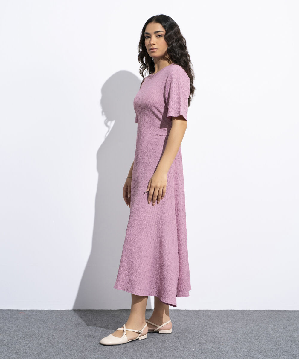 Women's Pink Cinched Waist Textured Dress