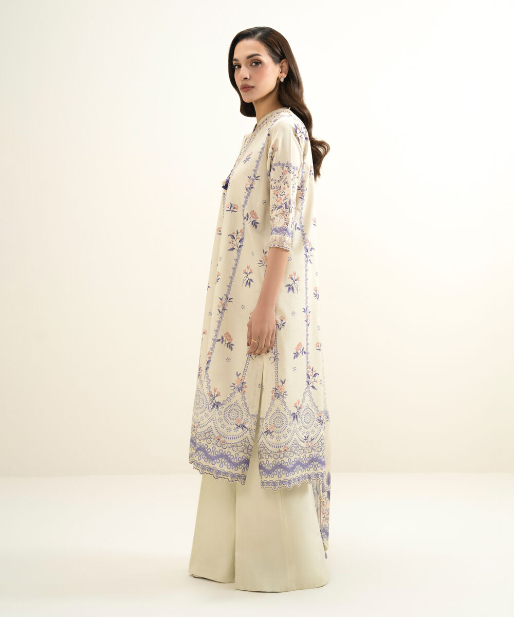 Women's Unstitched Lawn Embroidered Off White 3 Piece Suit