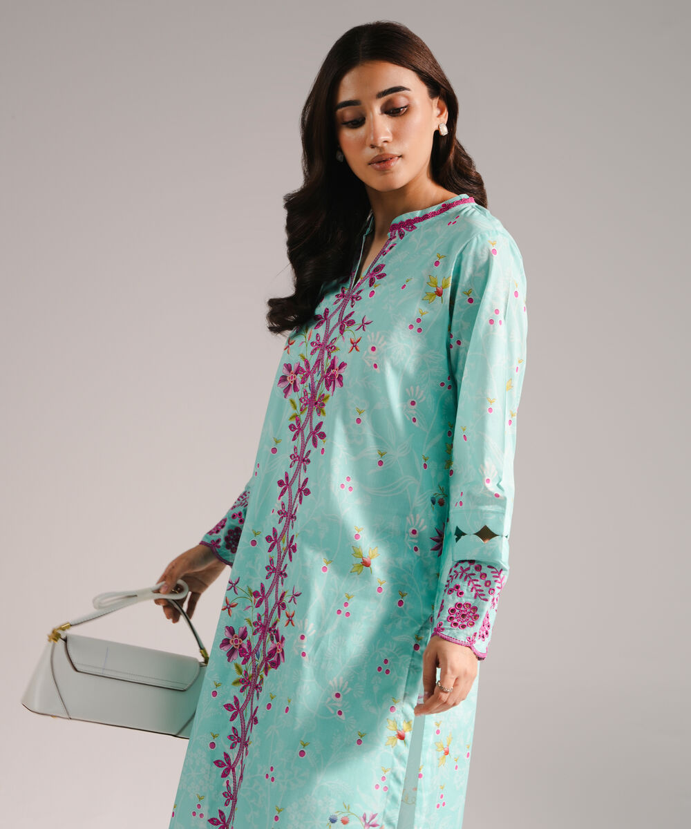 Women's RTW Lawn Embroidered Straight Turquoise Shirt