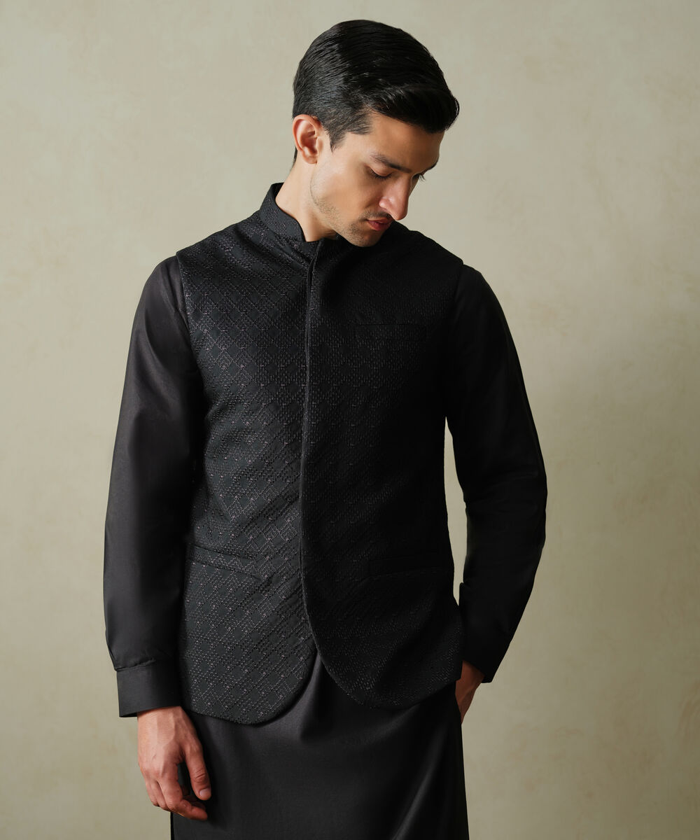 Men's Textured Wash & Wear Embroidered Black Waist Coat