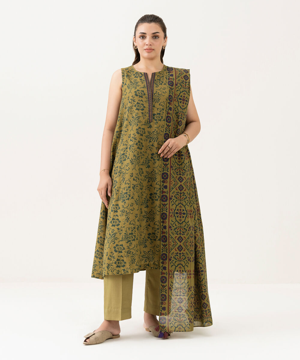 Women's Unstitched Khaddar Printed Brown 3 Piece Suit