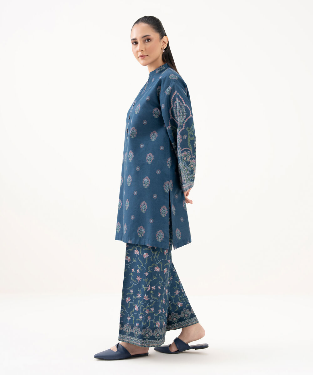 Women's Unstitched Light Khaddar Printed Blue 2 Piece Suit