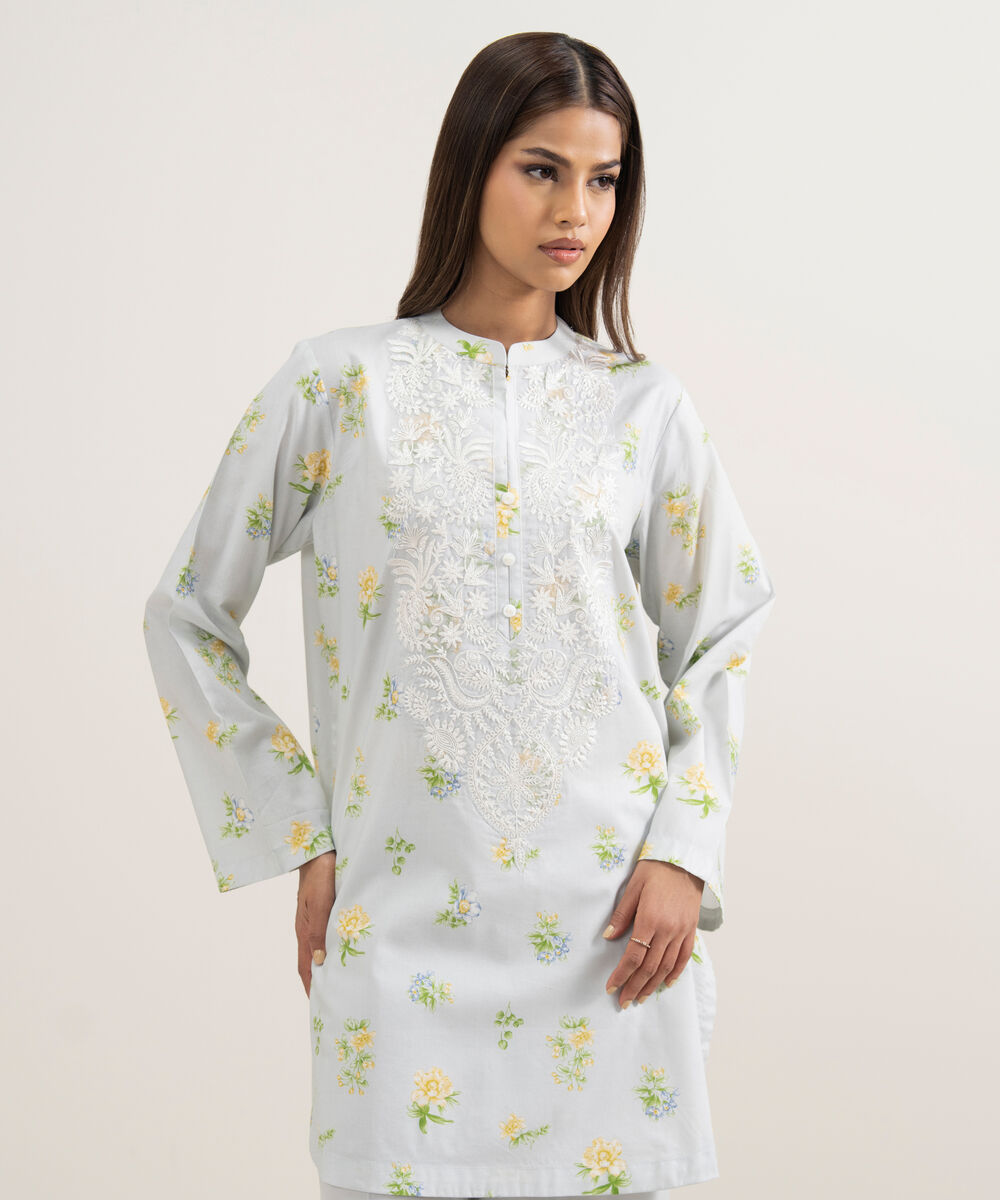 Women's RTW Cambric Embroidered Mint Green Straight Shirt