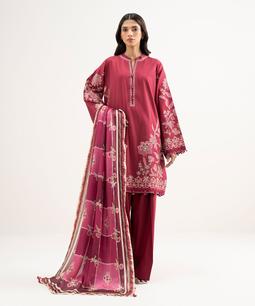 Women's Unstitched Textured Lawn Embroidered Pink 3 Piece Suit