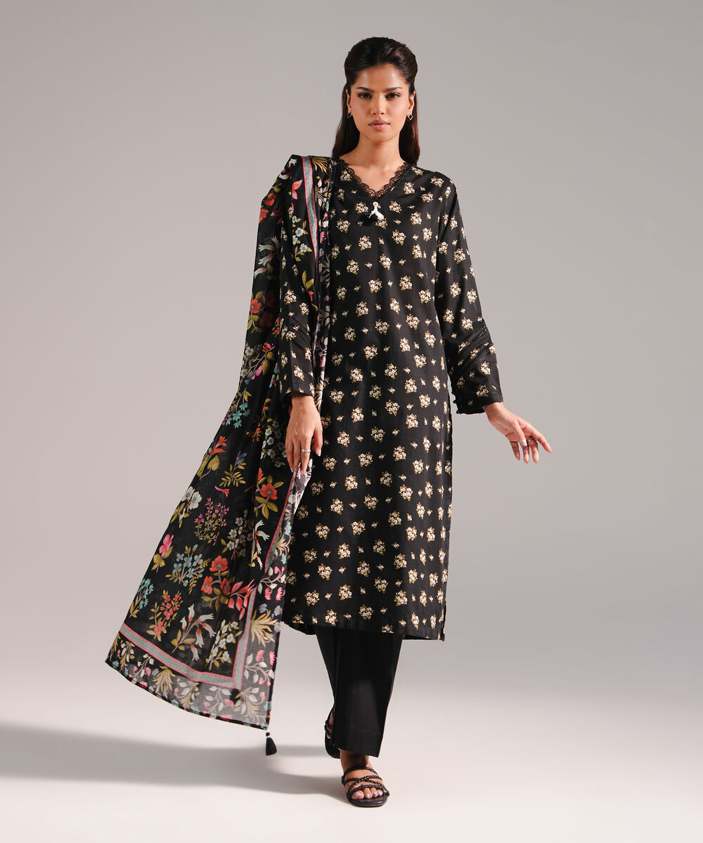 Women's RTW Dobby Printed Black 2 Piece Suit