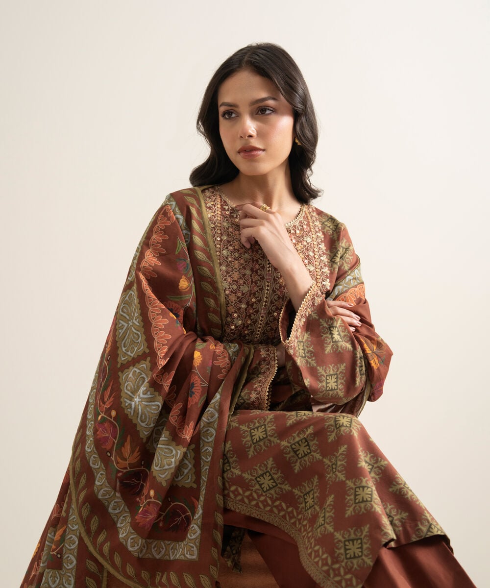 Women's Unstitched Lawn Embroidered Rust 3 Piece Suit
