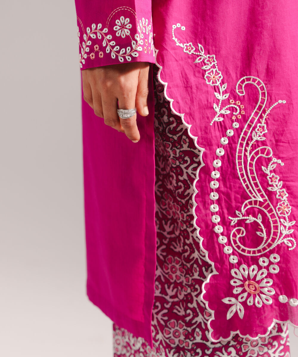 Women's RTW Crosshatch Embroidered Pink Straight Shirt