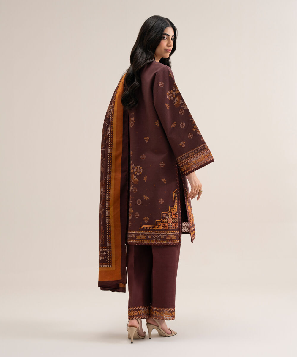 Women's Unstitched Cotton Printed Brown 3 Piece Suit