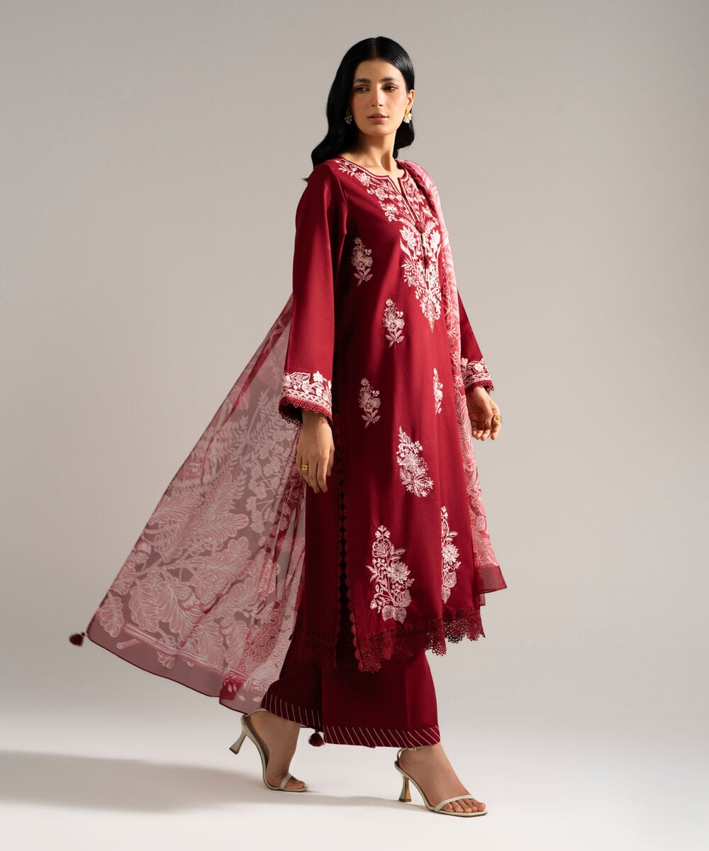 Women's RTW Dobby Crepe Embroidered Red 3 Piece Suit