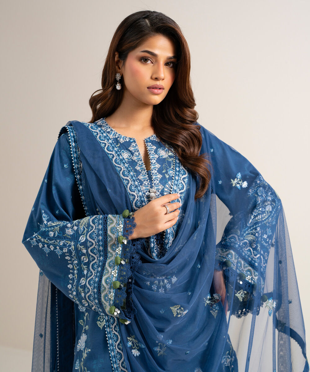 Women's Unstitched Fine Cotton Satin Embroidered Blue