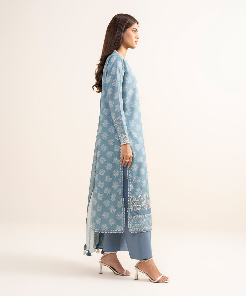 Women's Unstitched Lawn Embroidered Blue 3 Piece Suit