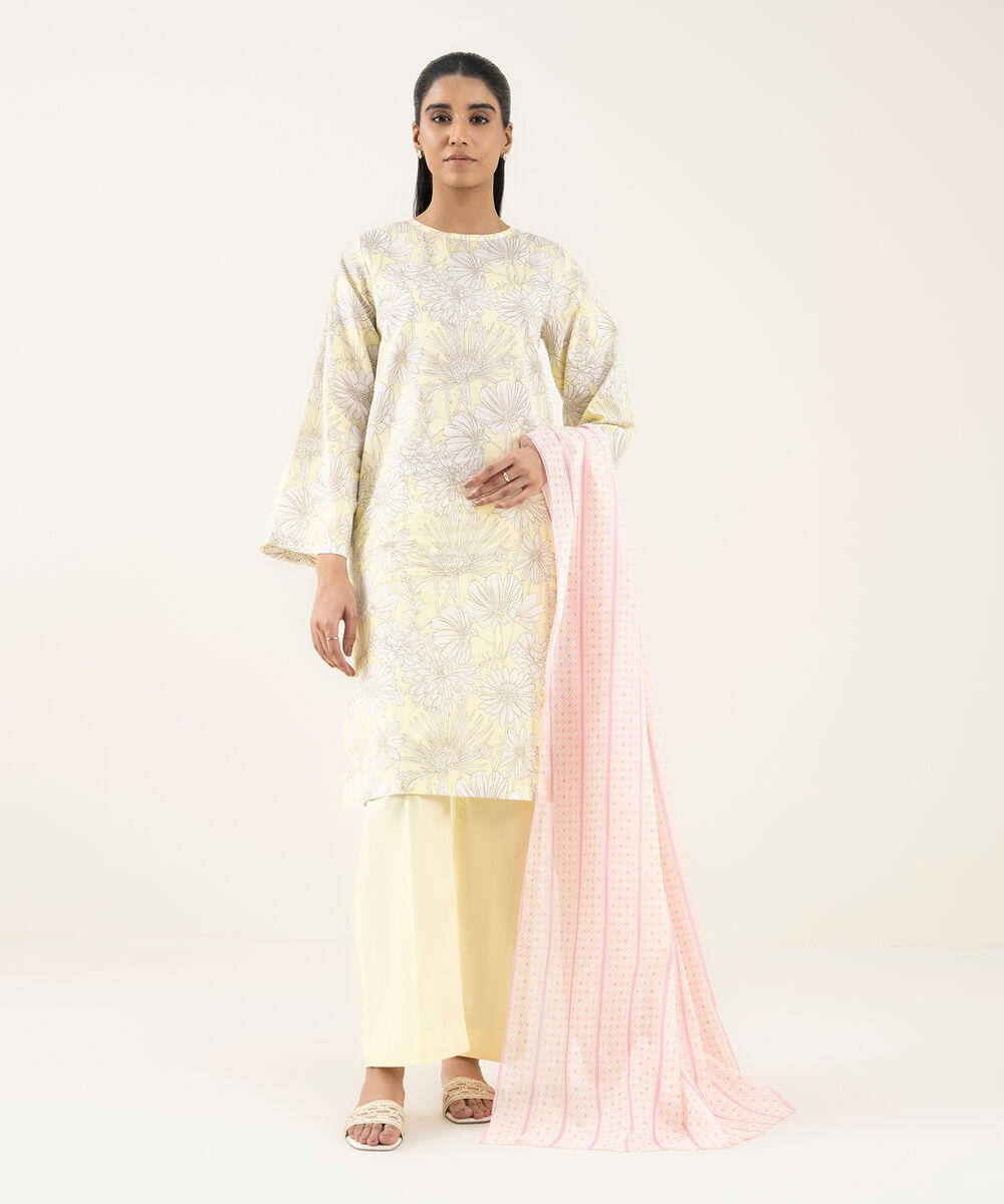 Women's Unstitched Lawn Printed Yellow 3 Piece Suit