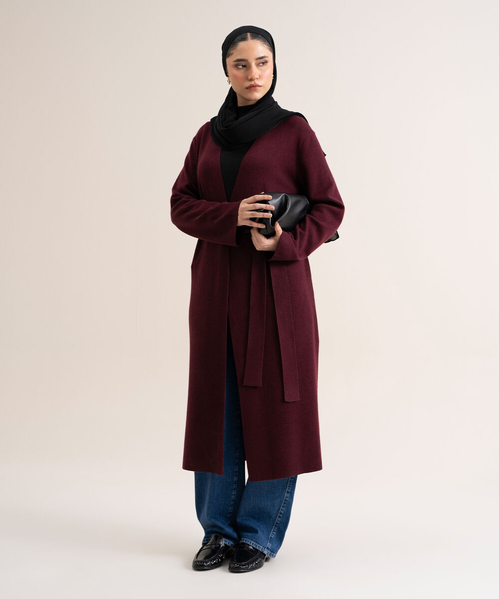 Women's Burgundy Solid Sweater-Knit Abaya Set