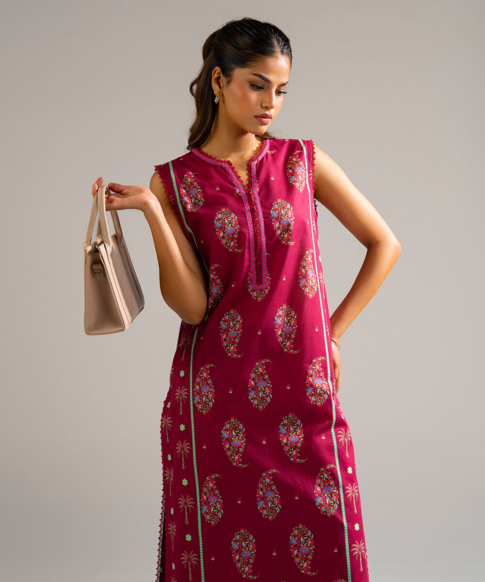 Women's RTW Slub Lawn Printed Pink Straight Shirt
