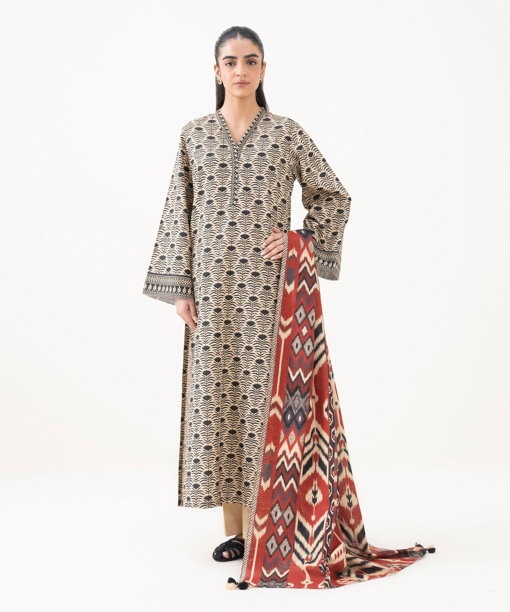 Women's Unstitched Light Khaddar Printed Multi 3 Piece Suit
