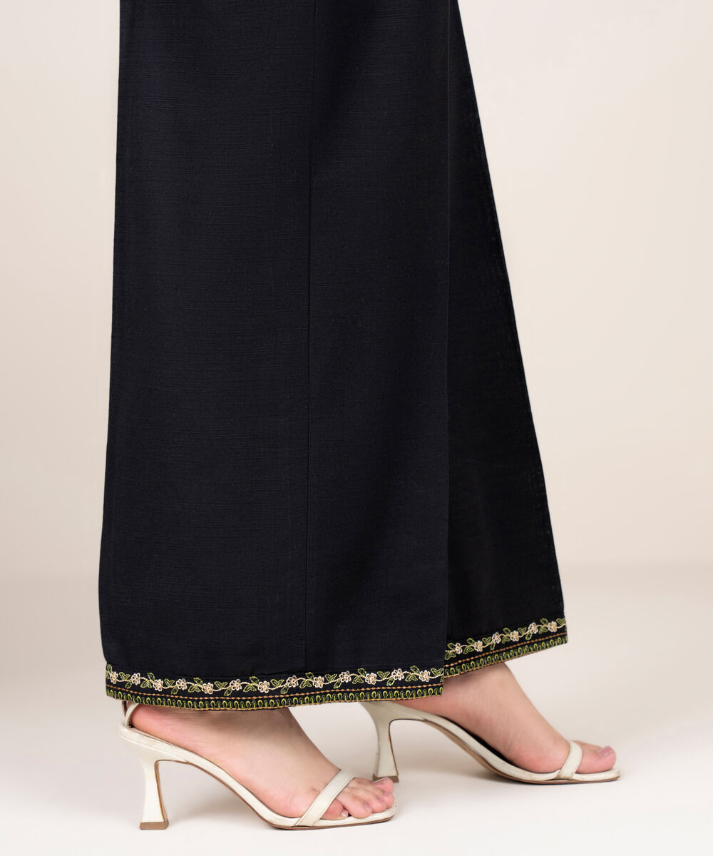 Women's RTW Light Khaddar Embroidered Black Flared Pants