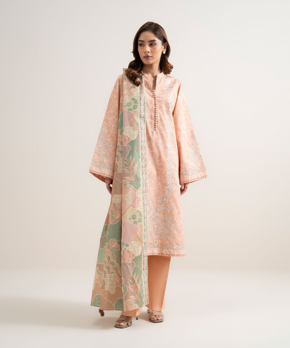 Women's Unstitched Lawn Embroidered Peach 3 Piece Suit